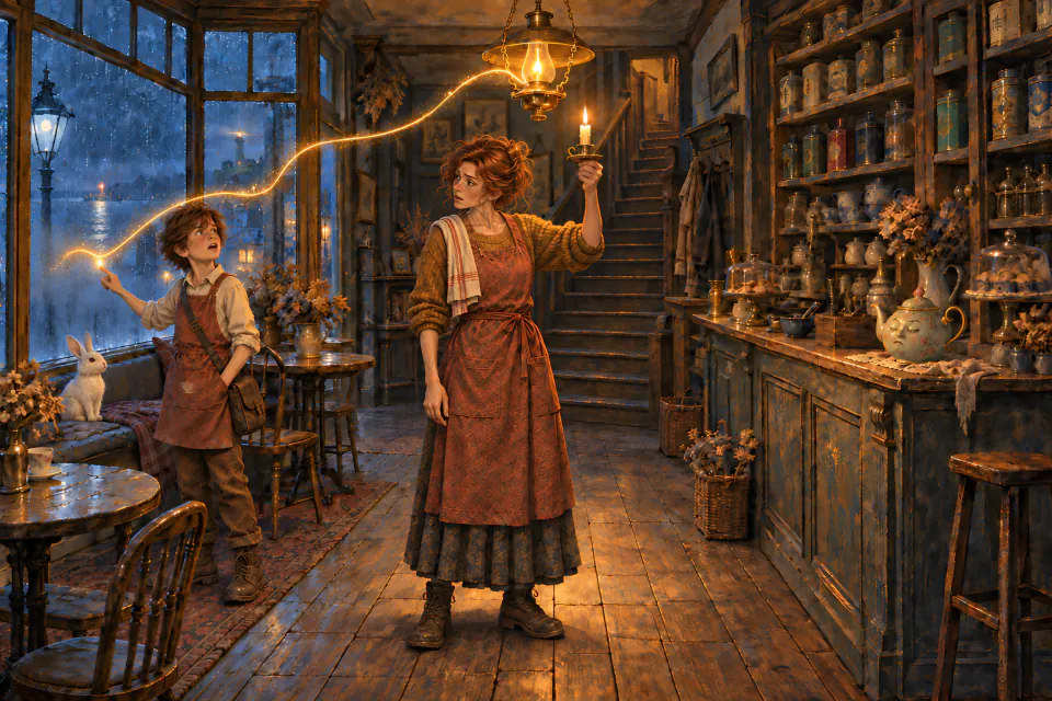 A candlelit tea shop on a rainy evening. A boy in an apron points at a hanging lamp and a thread of golden light runs from his finger to it, while his mother holds up a candle.