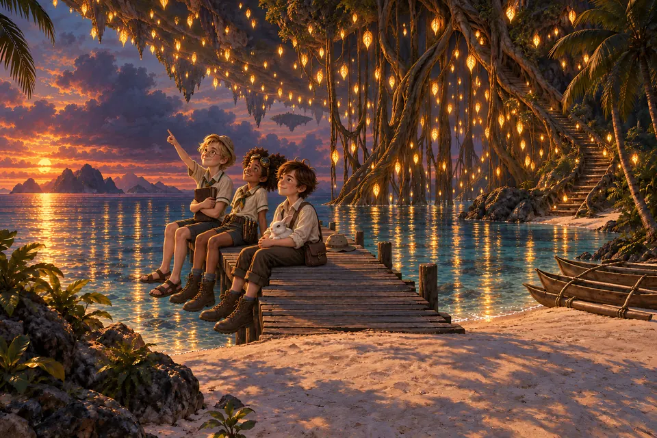 Three friends and a white rabbit sit on a wooden jetty at sunset, under the roots of a huge tree hung with glowing lanterns above a calm sea.