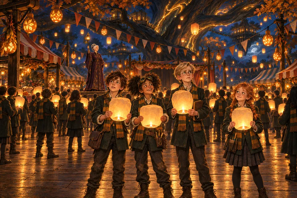 Four young friends hold glowing paper lanterns at a night festival, under a great tree strung with bunting and hundreds of floating lanterns.