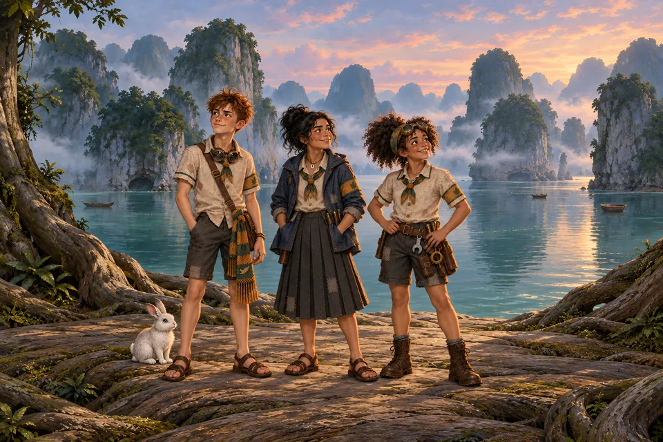 Three friends and a white rabbit stand on tree roots above a calm bay full of tall limestone islands at sunset.